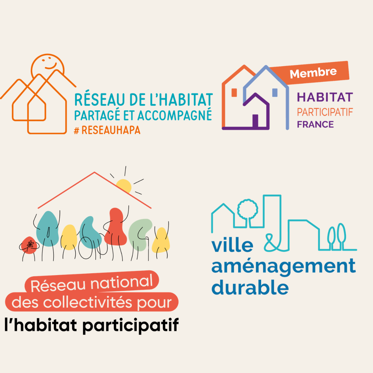 Logos de Habitat partagé et accompagné, de Habitat participatif France, du réseau des collectivités de l'habitat participatif et de Ville et Aménagement Durable, réseaux dont est membre Marie Gouttenoire — Ingénierie de l'habitat inclusif et participatif — Conseil et AMO — Auvergne-Rhône-Alpes et national.