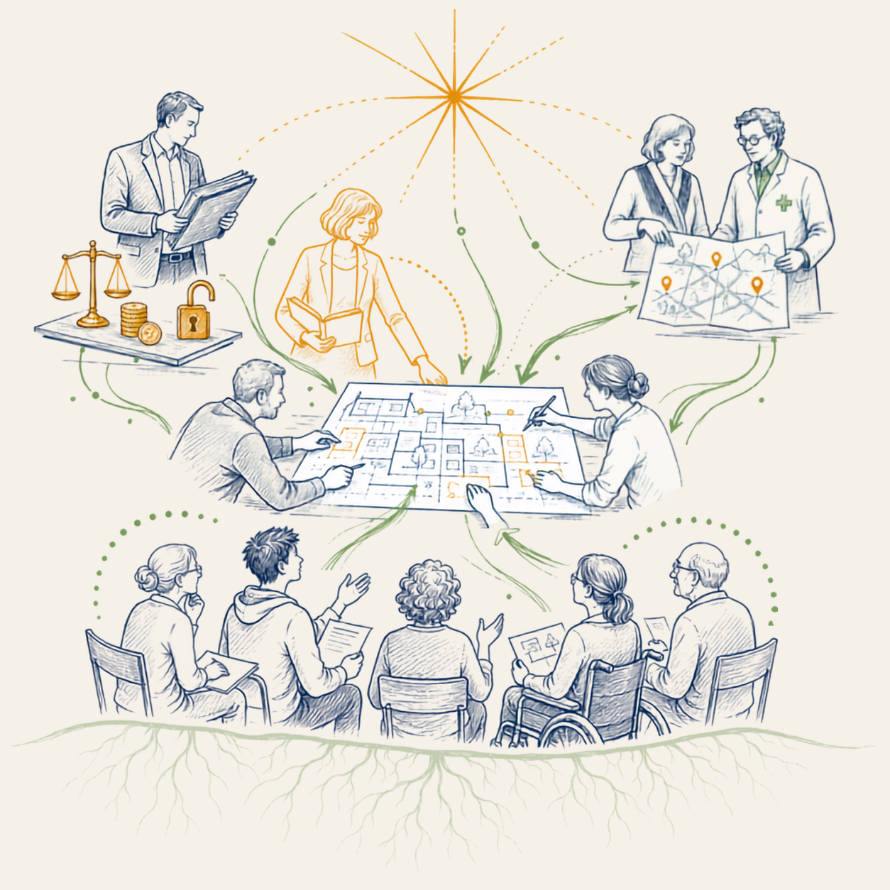 Illustration pour mon articulation des habitants, décideurs et financeurs, clé de la méthode de Marie Gouttenoire — Consultante indépendante en ingénierie de l'habitat inclusif et participatif. Conseil stratégique, AMO projet et appui ressource auprès de collectivités, bailleurs sociaux et opérateurs privés. Intervention en Auvergne-Rhône-Alpes et au niveau national pour faire émerger, structurer et sécuriser des projets d'habitat inclusif co-construits avec les habitants.