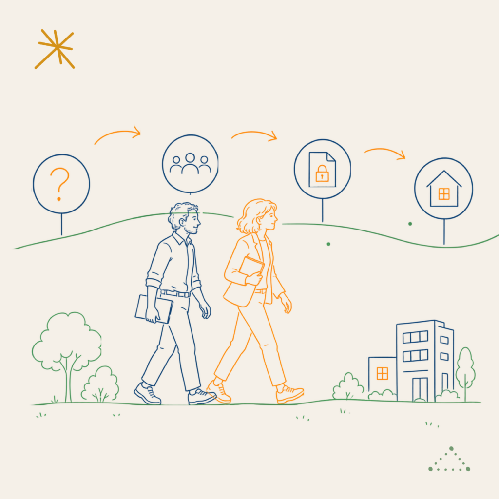 Illustration pour l'offre d'AMO aurpès des collectivités, associations ou collectifs d'habitants de Marie Gouttenoire — Consultante indépendante en ingénierie de l'habitat inclusif et participatif. Conseil stratégique, AMO projet et appui ressource auprès de collectivités, bailleurs sociaux et opérateurs privés. Intervention en Auvergne-Rhône-Alpes et au niveau national pour faire émerger, structurer et sécuriser des projets d'habitat inclusif co-construits avec les habitants.